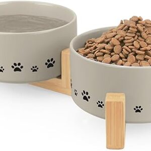 Ceramic Pet Bowls with Wooden Stand